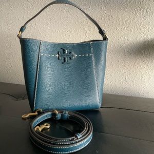 Tory Burch Mcgraw Small Leather Crossbody Strap Bucket Bag 370$+tax